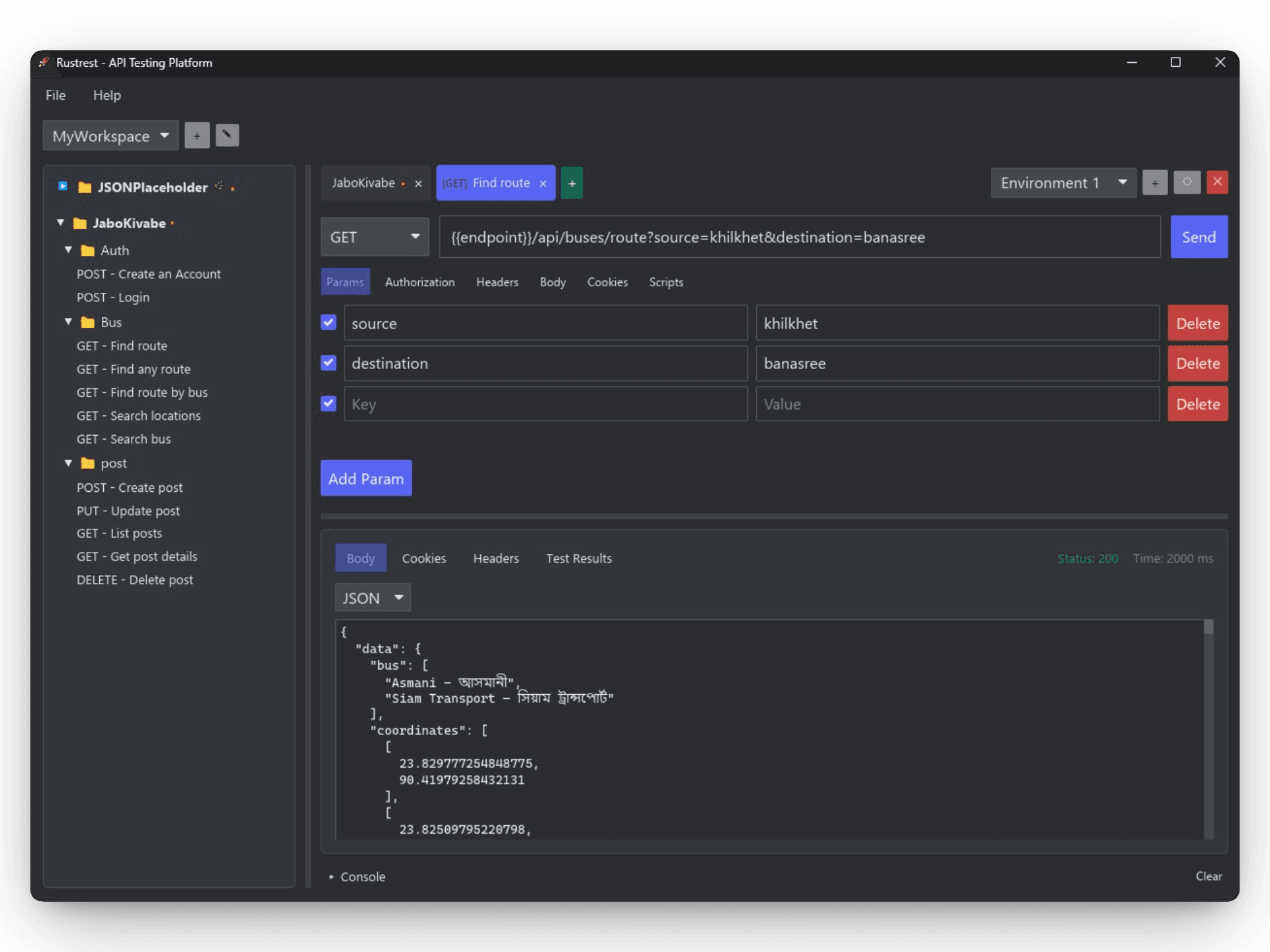 rustrest request builder showing a GET request and JSON response