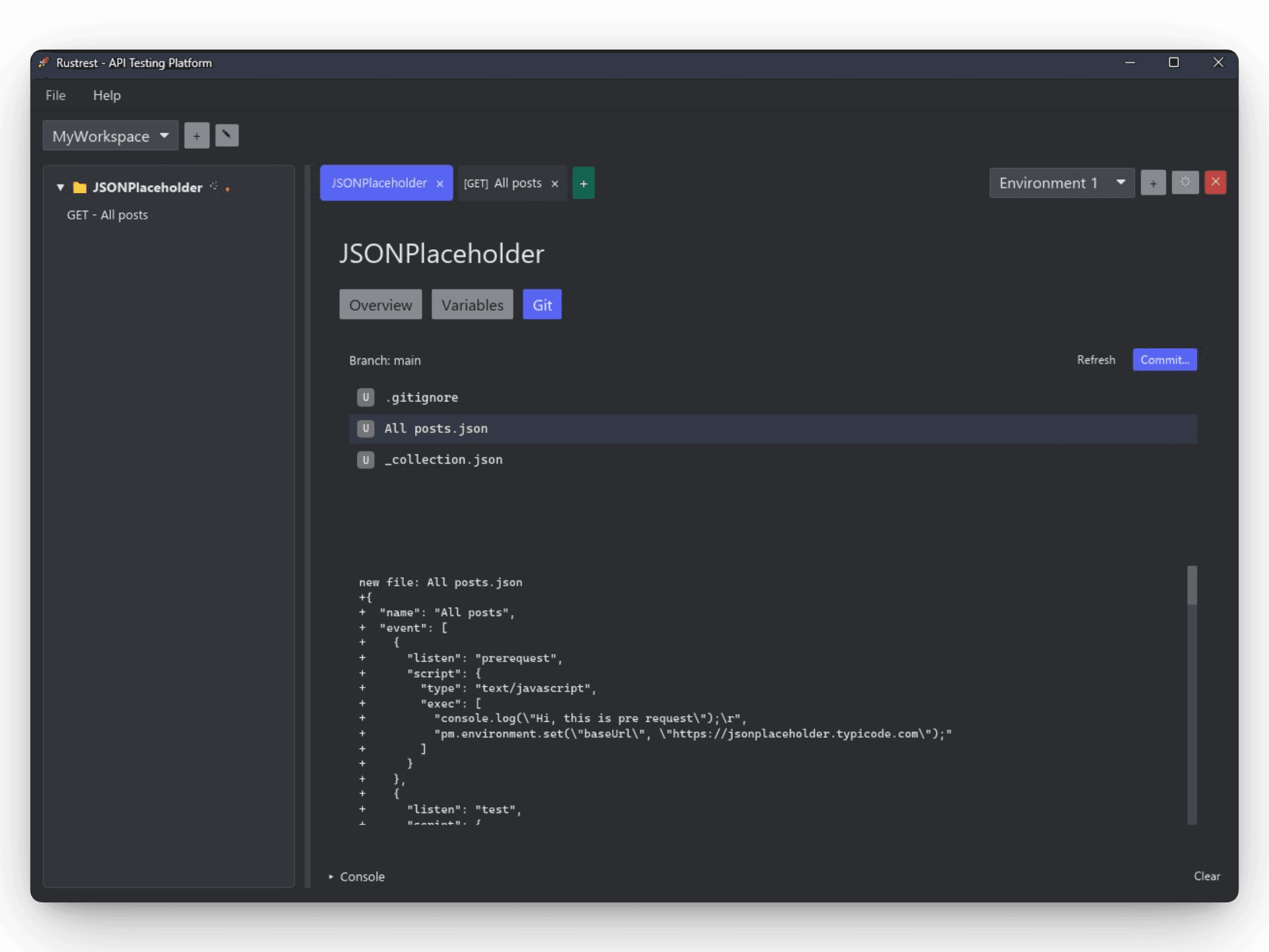 rustrest Git panel showing a branch and uncommitted collection changes